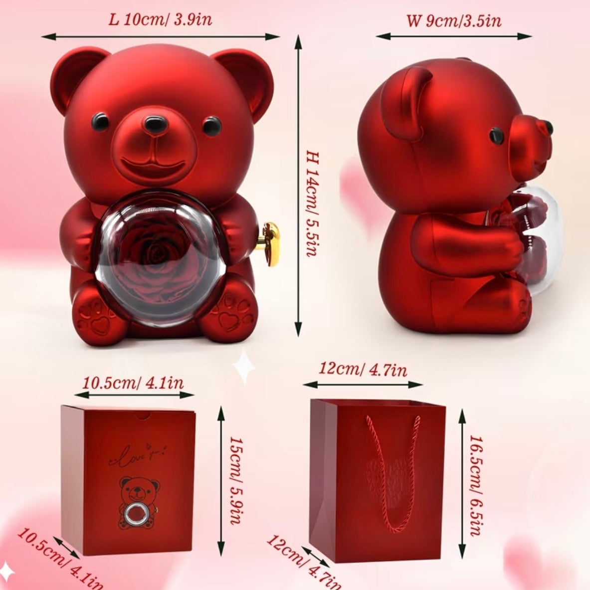 Red Bear Gift Set with Preserved Real Rose, Hidden Jewellery Box - Red Box
