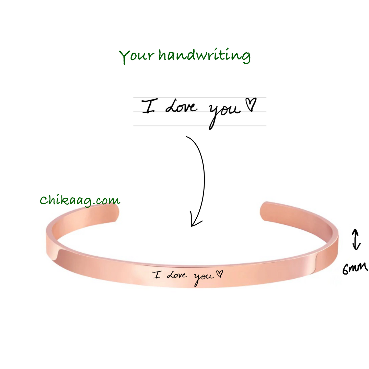 Custom handwritten note Cuff Bracelet -  Rose Gold (6mm)