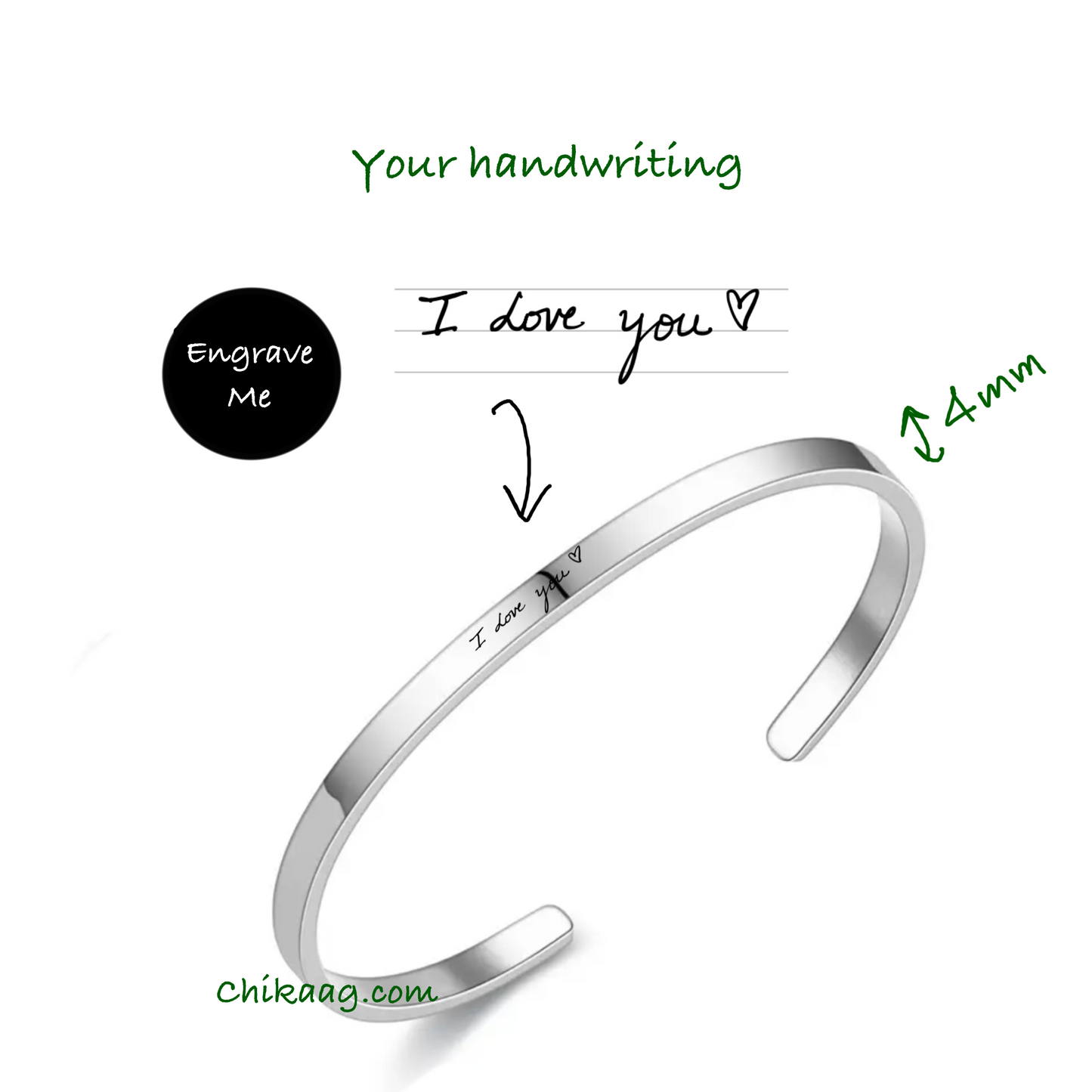 Custom handwritten note Cuff Bracelet -  Silver (4mm)