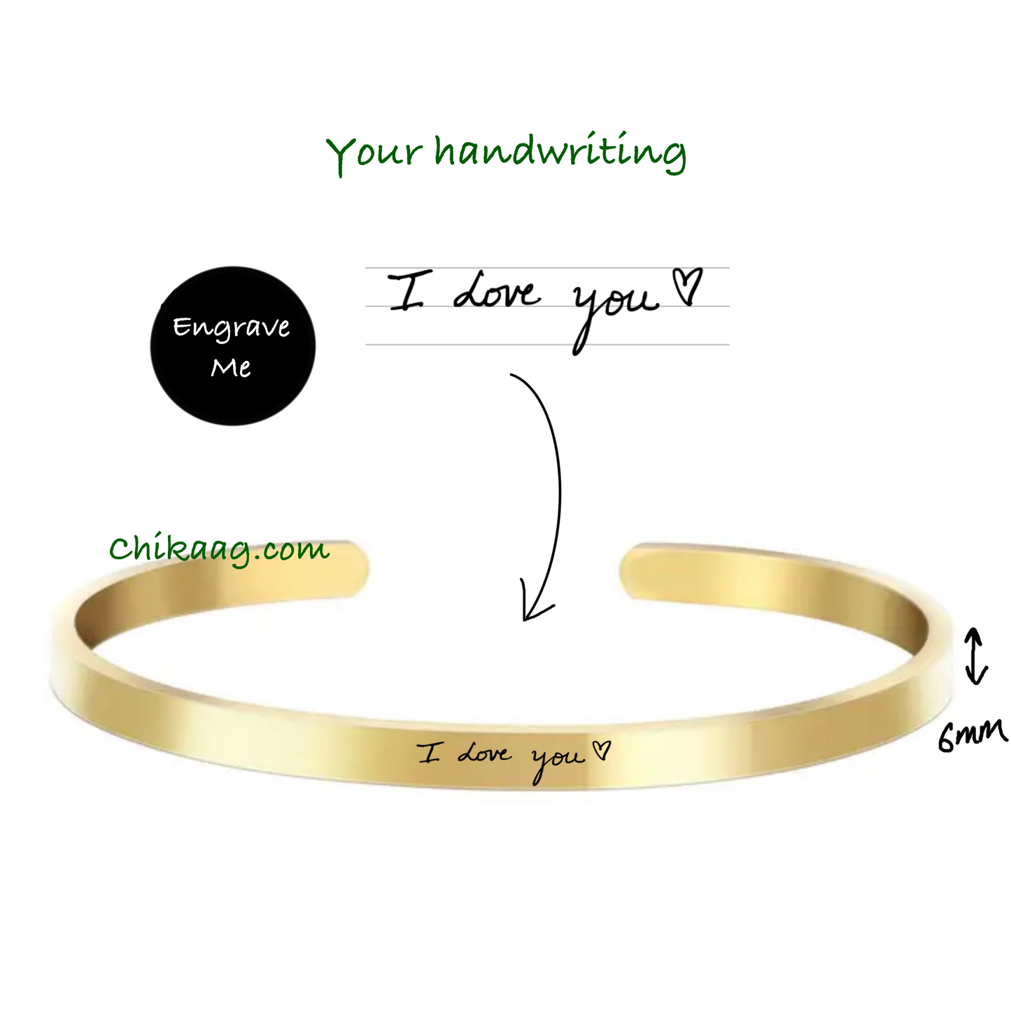 Custom handwritten note Cuff Bracelet -  Gold (6mm)