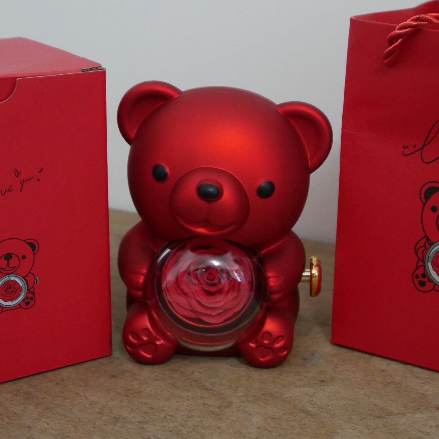 Red Bear Gift Set with Preserved Real Rose, Hidden Jewellery Box - Red Box