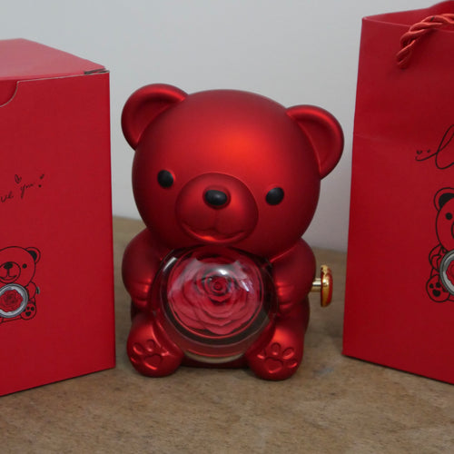 Red Bear Gift Set with Preserved Real Rose, Hidden Jewellery Box - Red Box