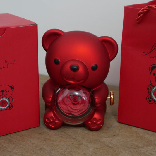 Red Bear Gift Set with Preserved Real Rose, Hidden Jewellery Box - Red Box