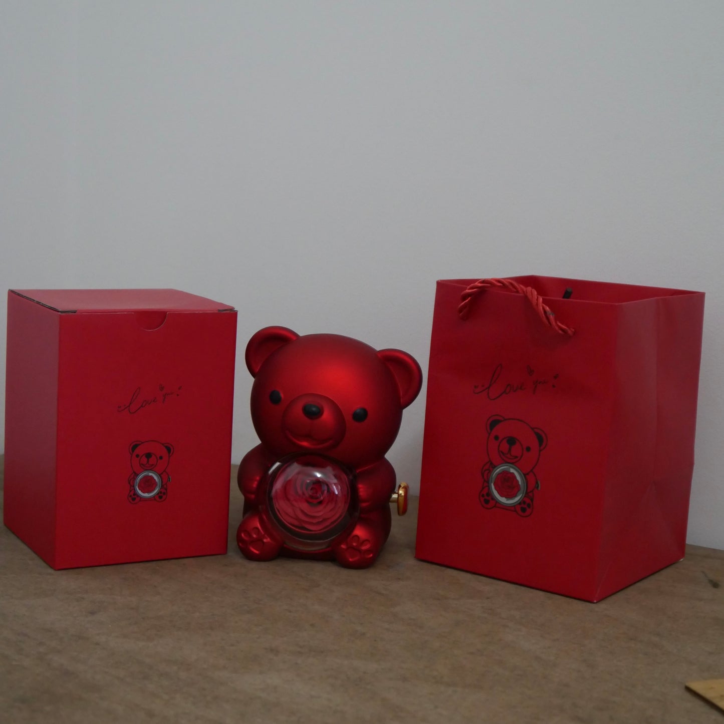 Red Bear Gift Set with Preserved Real Rose, Hidden Jewellery Box - Red Box