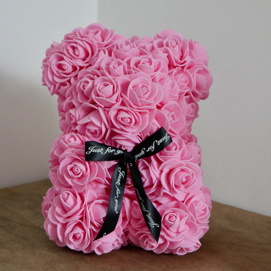 Pink Rose Teddy Bear: Artificial Flower Gift - 25cm