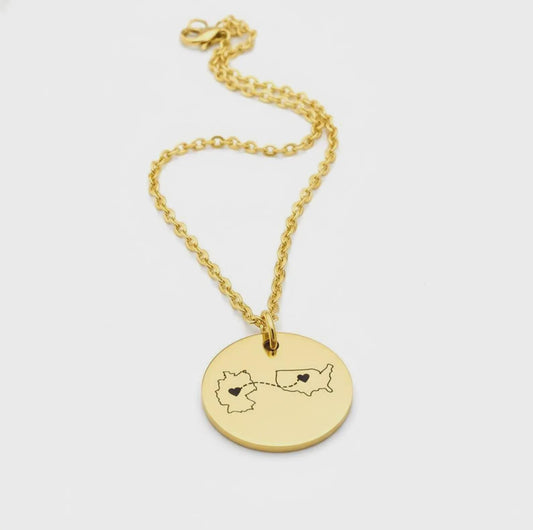 Personalised Map Necklace: Two Homes, Long Distance Relationship Gift Gold