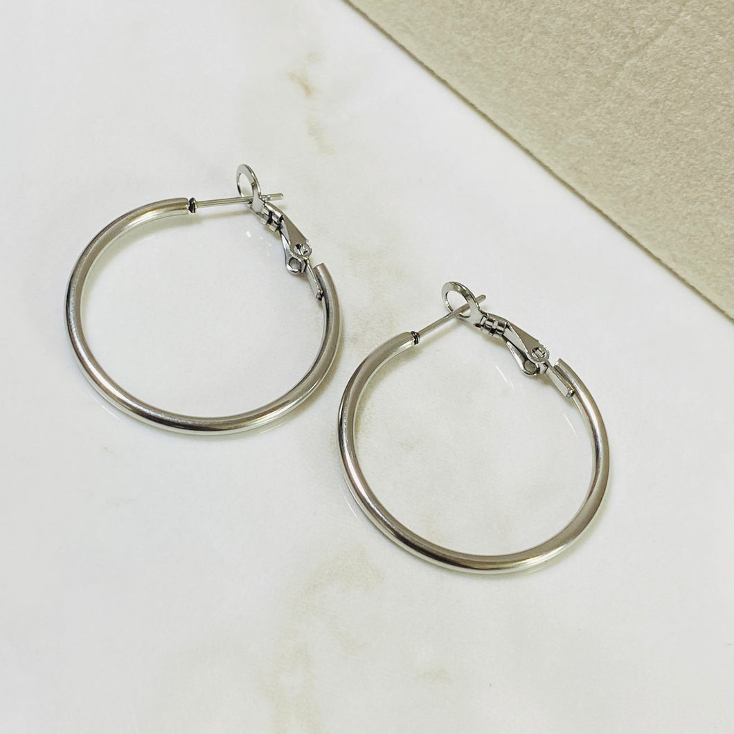 Simple Hoop Earrings Silver -30mm - Stainless Steel - Watersafe 💦